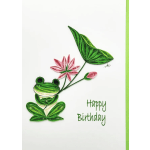 Quilled paper frog holding a pink flower with "Happy Birthday" text