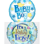 Two round blue foil balloons with 'Baby Boy' messages, stars, hearts, clouds, and baby bottle designs.