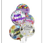 Cluster of colorful round Happy Anniversary foil balloons on strings