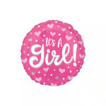 Pink round balloon with hearts and the words "It's A Girl!"