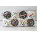 Box of chocolate-covered cookies with colorful sprinkles
