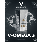 Package of V-Omega 3 dietary supplement on a dark branded background