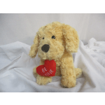 Plush tan dog holding a red heart