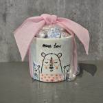 Bear-themed mug gift set with chocolates and a pink bow