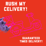 Red promo graphic with a scooter and delivery text