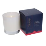 Lit white candle beside a navy candle box