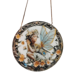 Round hanging plaque with a fairy and flowers