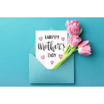 Pink tulips beside a Mother's Day card in a blue envelope