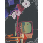 Abstract collage with pink and white flowers, mushrooms, and a retro TV on a dark background.