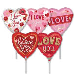 Five heart-shaped "I love you" balloons in pink, red, and white