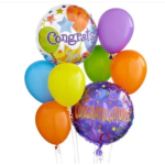 Cluster of colorful congratulatory balloons with two printed foil balloons