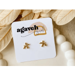 Gold stud earrings on a white display card with beige decorative leaves.