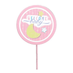 Pink round baby shower sign on a stick with moon and stars