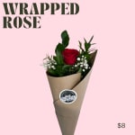 Single red rose wrapped in brown paper with greenery and baby's breath