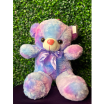 Pastel rainbow teddy bear with a purple ribbon