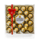 Box of Ferrero Rocher chocolates tied with a red ribbon