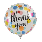 Round foil balloon with "thank you" text and colorful polka dots