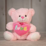 Pink teddy bear holding a heart with the word LOVE
