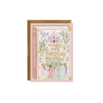 Birthday card with a fairy tale castle and princess illustrations