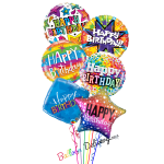Cluster of colorful birthday balloons with star and confetti designs