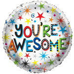 Round foil balloon with colorful stars and the words "YOU'RE AWESOME"