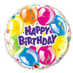 Round birthday balloon with colorful confetti and "Happy Birthday" text