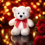 White teddy bear with a red ribbon beside red roses