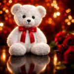 White teddy bear with a red bow beside red roses