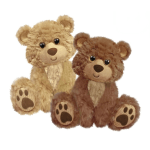 Two plush teddy bears sitting side by side on a white background