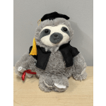 Plush sloth in a graduation cap holding a diploma