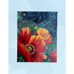 Framed art print of red and orange poppy flowers on an abstract blue background