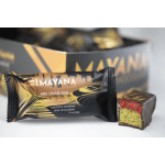 Chocolate bar wrapper with a cut piece showing layered filling