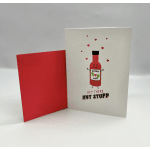 Valentine's card with a hot sauce bottle illustration and red envelope