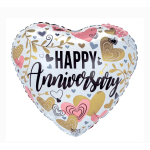 Heart-shaped balloon reading Happy Anniversary with pastel hearts