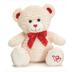 Cream teddy bear with a red bow and heart details