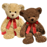 Two teddy bears with red ribbons on a white background