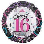 Round balloon with "Sweet 16" text in pink and black