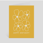 Yellow birthday card with white outlined flowers