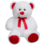 White teddy bear with red accents and a red ribbon bow