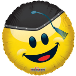Yellow smiley-face foil balloon wearing a graduation cap