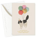 Birthday card with a cat holding colorful balloons