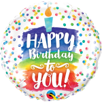 Round birthday balloon with colorful confetti and "Happy Birthday to You!" text
