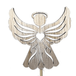 Wooden angel ornament with wings and a halo on a stick