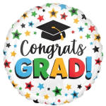 Round graduation balloon with stars and the words Congrats Grad!
