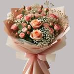 Bouquet of peach and pink roses wrapped in blush paper with a ribbon