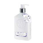 White lotion bottle with a pump and lavender label