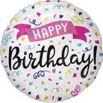 Round birthday balloon with confetti and the words Happy Birthday