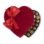 Heart-shaped chocolate box with a red velvet lid and satin bow