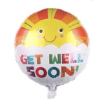 Smiling sun-shaped balloon with "GET WELL SOON" text