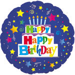 Round birthday balloon with a cake and colorful stars
